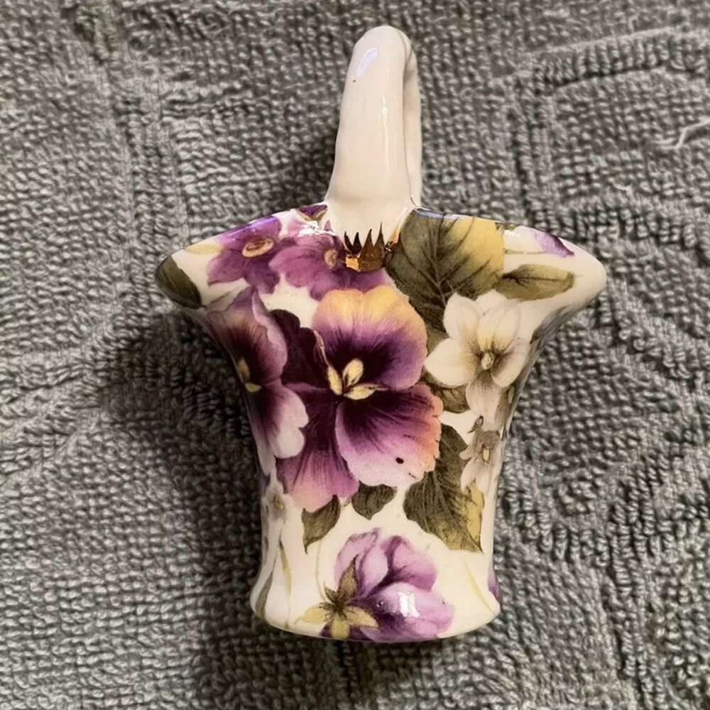 Set Of 3 Miniature Vase Purple Pansies 3”